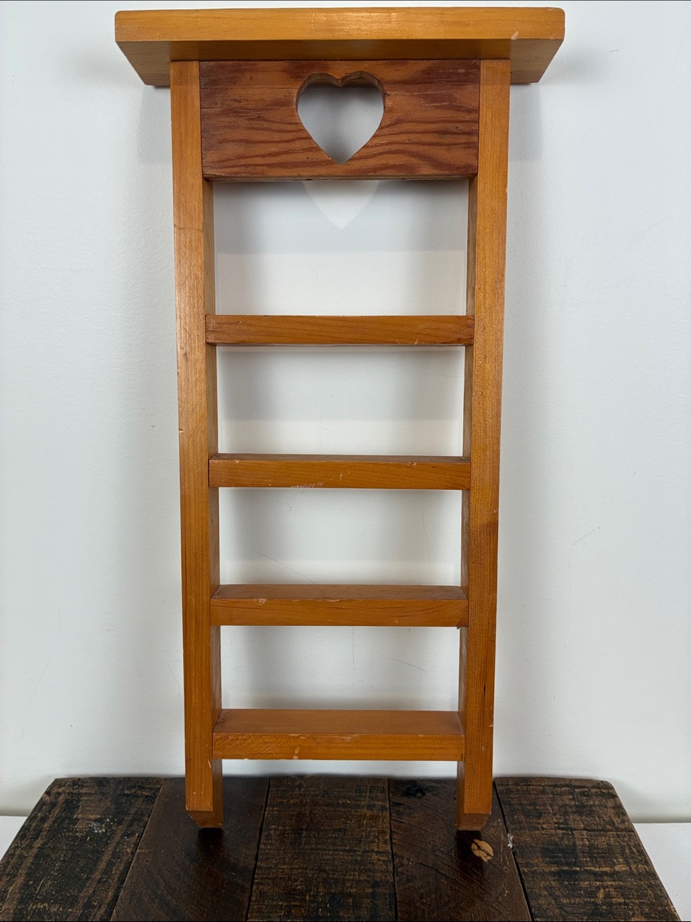 Vintage Wooden Ladder Wall Shelf Heart Cutout Honey Brown Granny Country